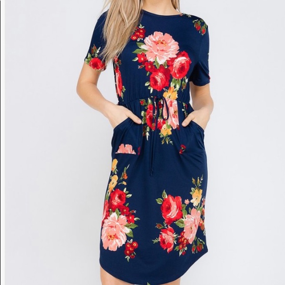 Navy Floral Pocket Dress